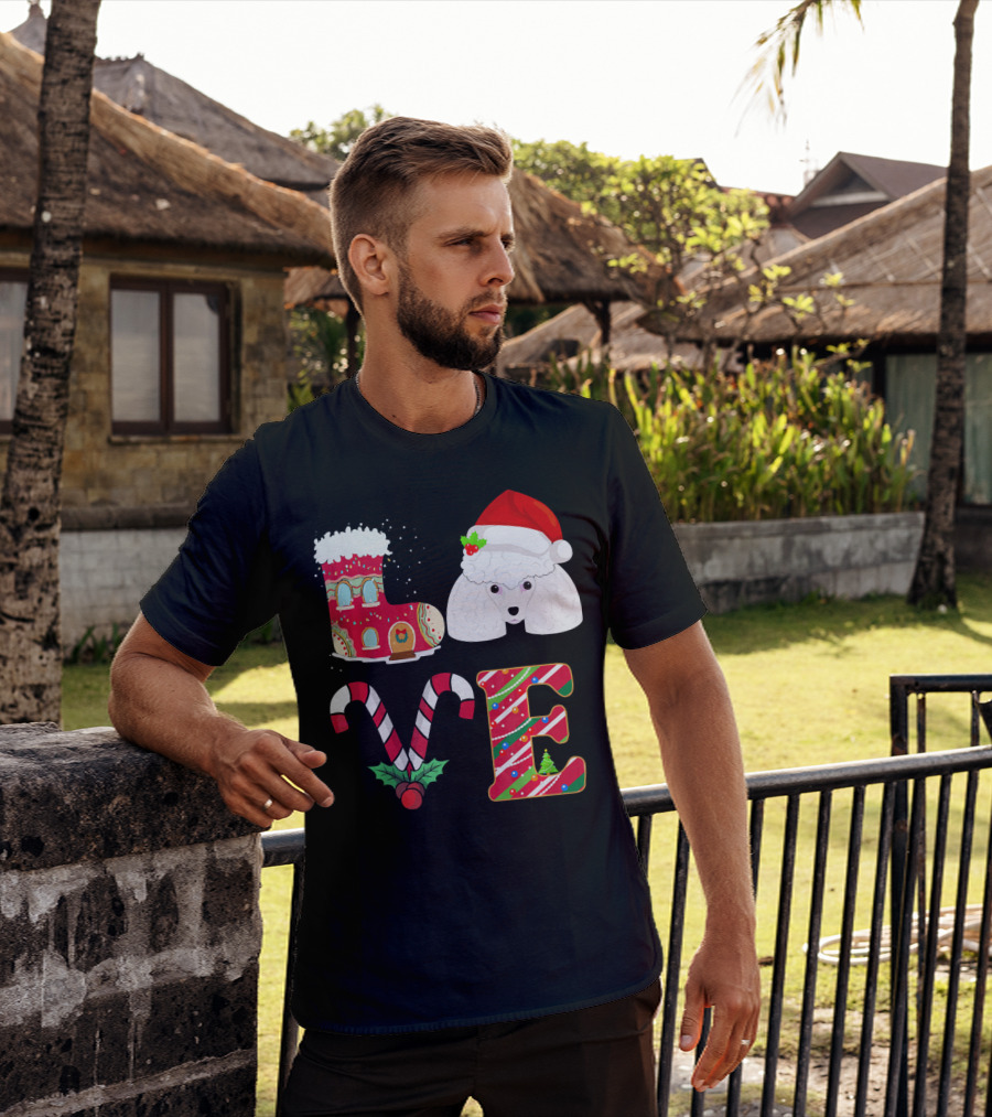 I Love My Poodle Funny Christmas Poodle Candy Cane Santa Hat Holiday Boot T-Shirt