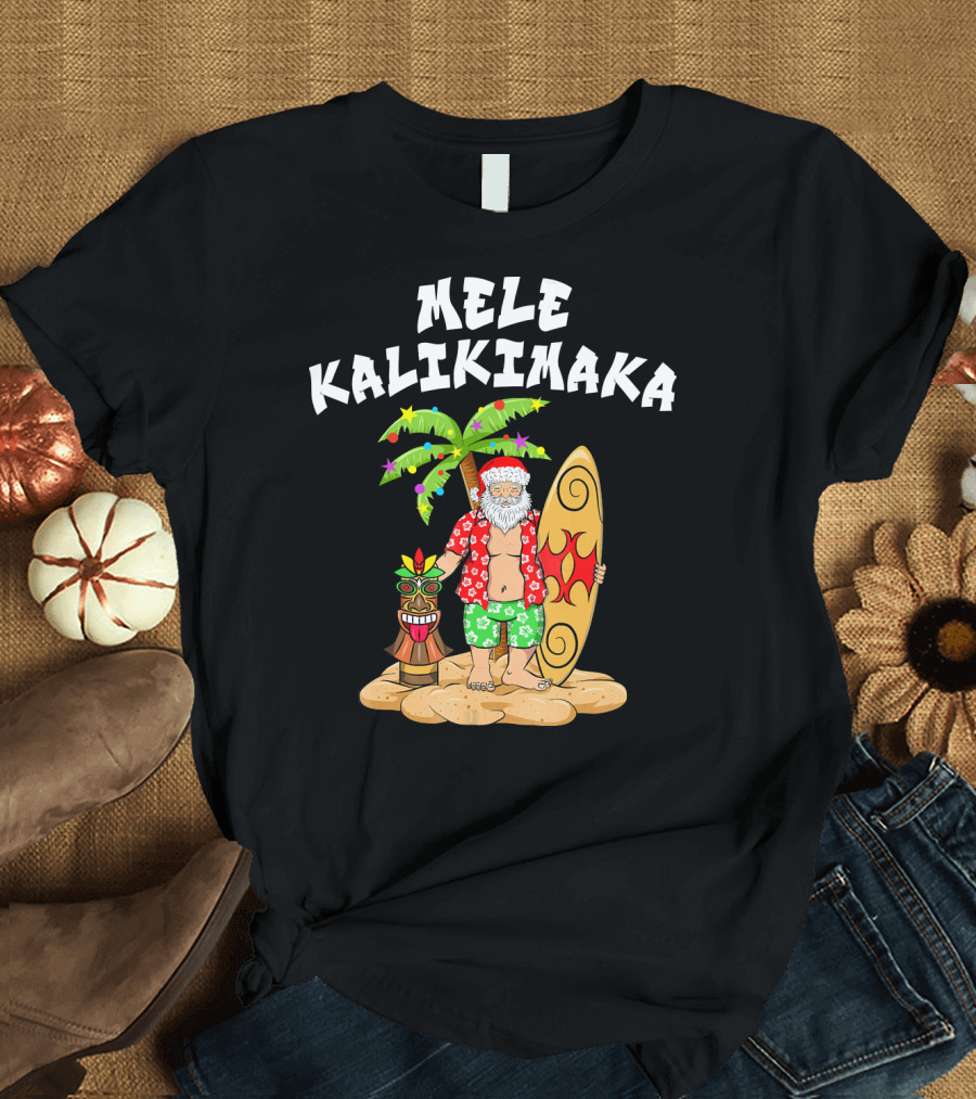 Mele Kalikimaka Santa with Surfboard and Tropical Tiki Palm Tree T-Shirt
