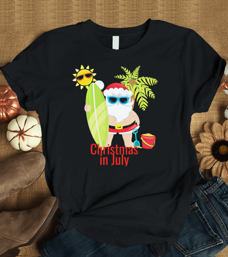 Christmas in July Beach Santa Surfer Sunny Holiday Fun T-Shirt