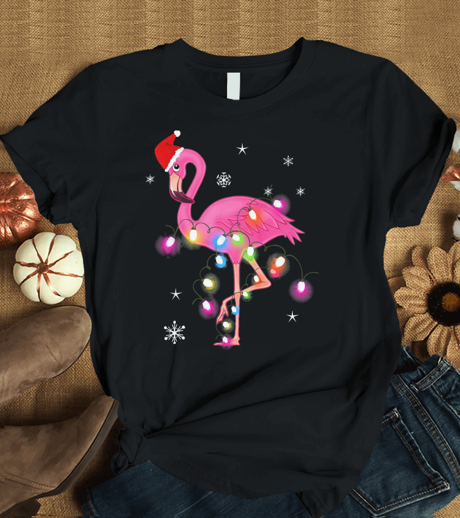 Pink Flamingo Christmas Lights and Santa Hat T-Shirt