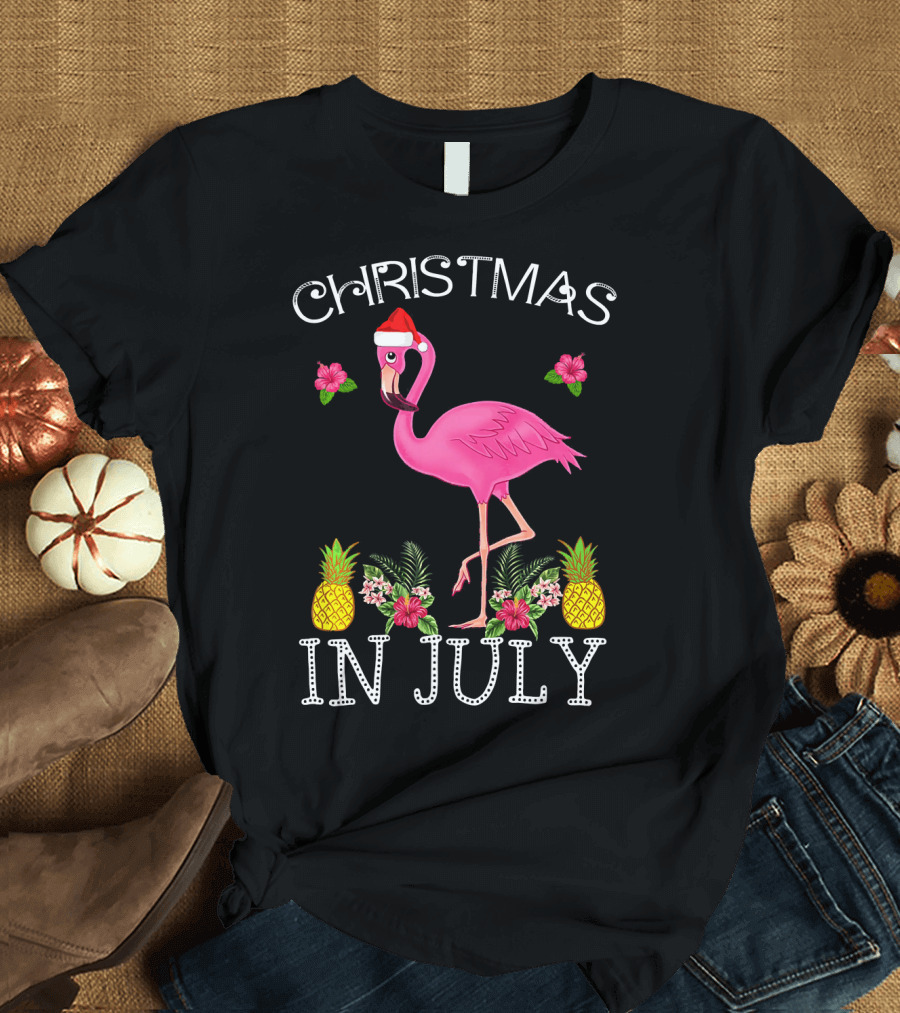 Christmas In July Pink Flamingo Santa Hat Pineapples Floral T-Shirt