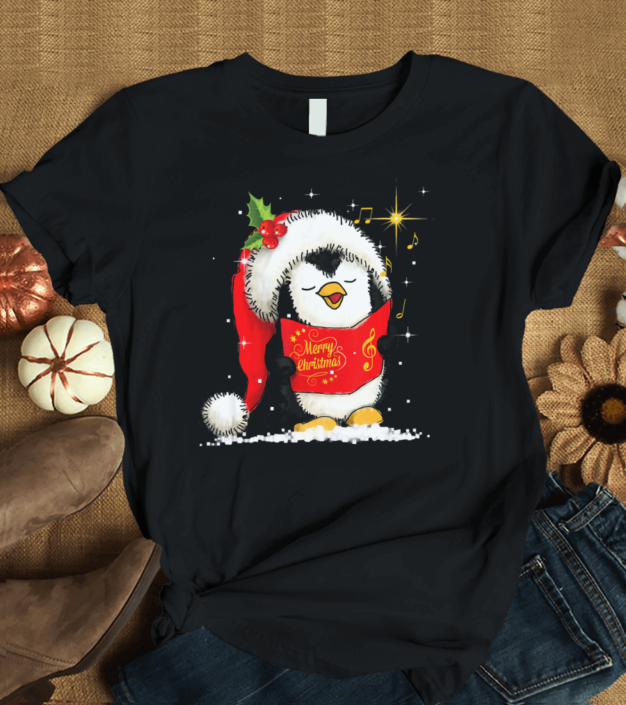 Tee89s Penguin Merry Christmas Song with Santa Hat and Music Notes T-Shirt