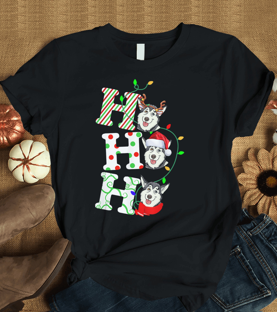 Ho Ho Ho Husky Santa Hat Reindeer Antlers Christmas Lights T-Shirt