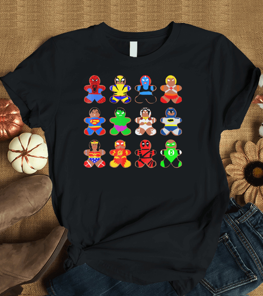Superhero Gingerbread Man Spider-Man Wolverine Mystique Iron Man Superman Hulk Wonder Woman Flash Deadpool Batman Green Lantern T-Shirt