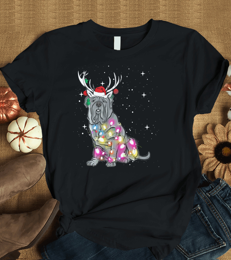 Neapolitan Mastiff with Christmas Lights and Santa Hat in Snowy Night T-Shirt