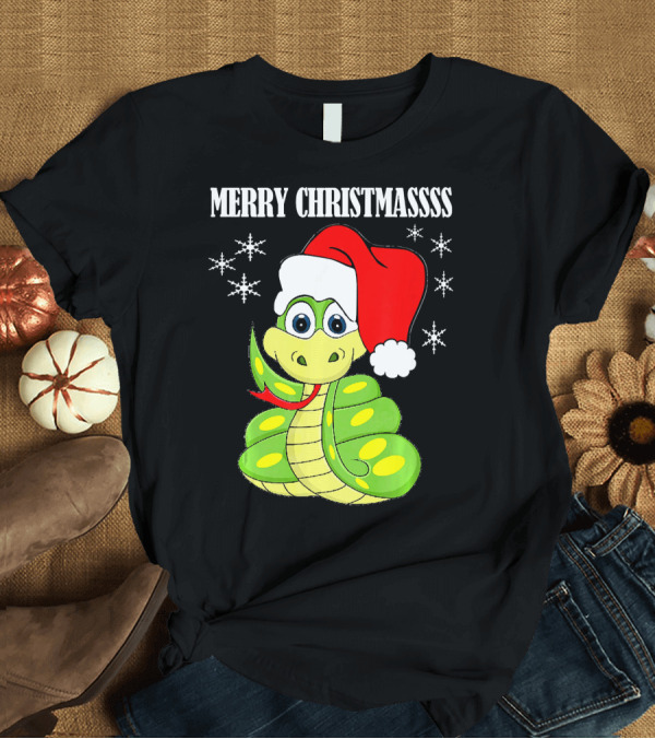 T-Shirt: Merry Christmassss Snake Cute Snak Santa Hat Snowflakes T-Shirt Merry Christmassss Snake Cute Snak Santa Hat Snowflakes T-Shirt