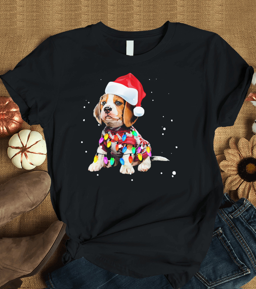 Santa Hat Beagle Wrapped in Christmas Lights T-Shirt