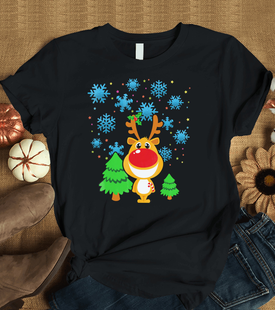 Christmas Reindeer with Snowflakes and Trees Family Matching T-Shirt