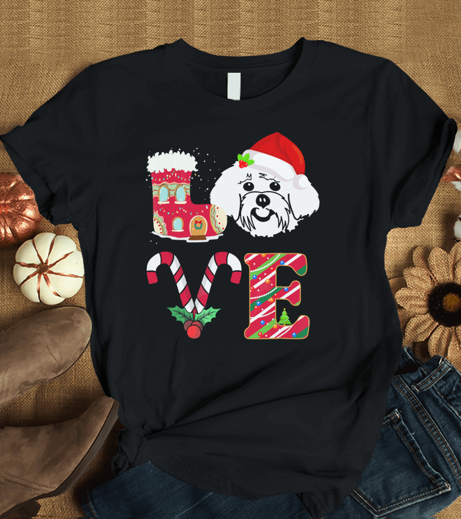 Christmas Love Maltese Dog Santa Hat Candy Cane T-Shirt