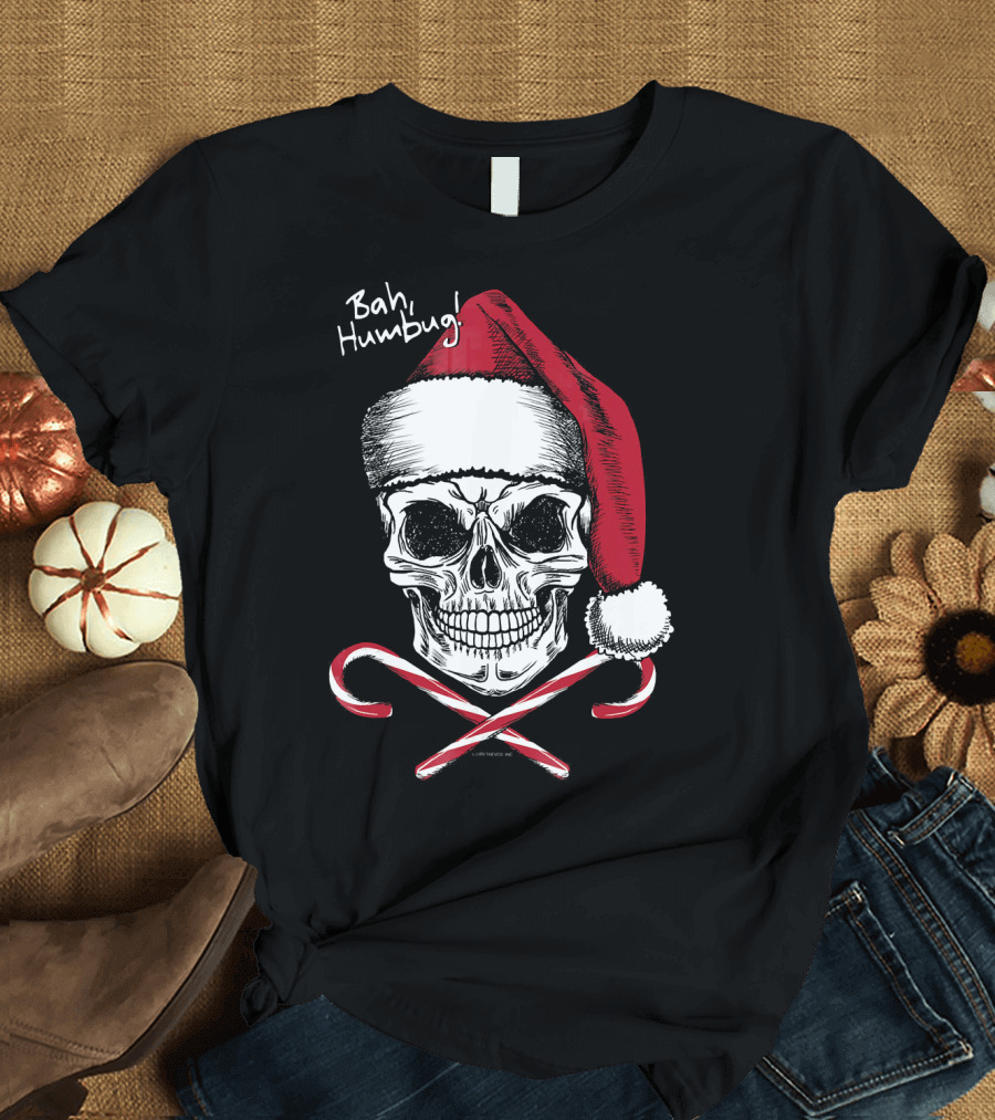 Bah Humbug Skull with Santa Hat and Candy Canes Christmas Funny Santa T-Shirt