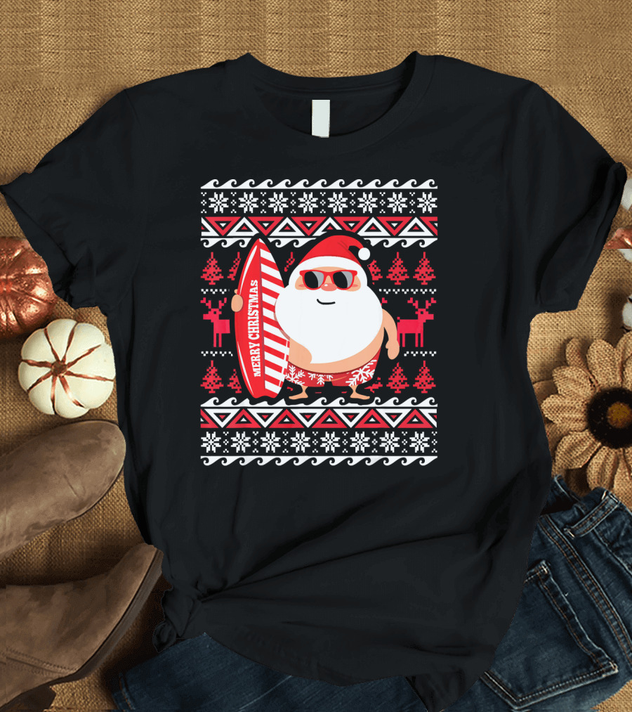 Surfing Santa Claus Merry Christmas Hawaii Red Reindeer Snowflakes T-Shirt