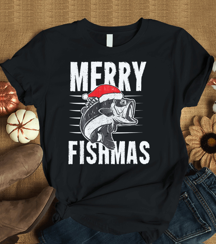 Merry Fishmas Funny Christmas Fishing Santa Hat Fish T-Shirt