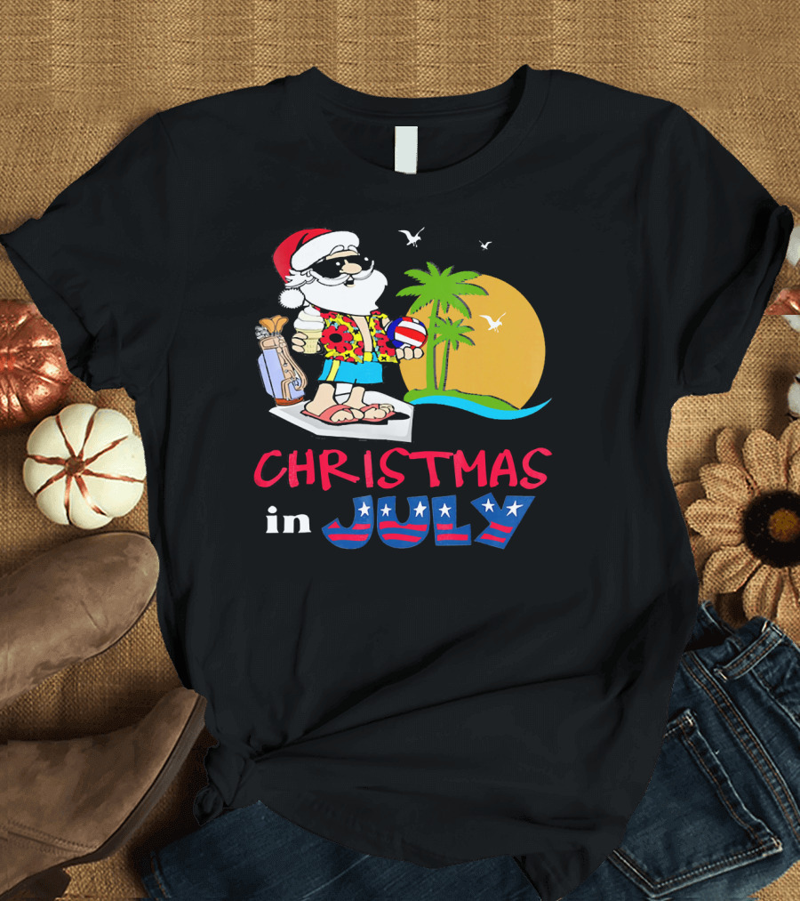 Christmas in July Funny Santa Summer Golf Sun and Palm Trees T-Shirt
