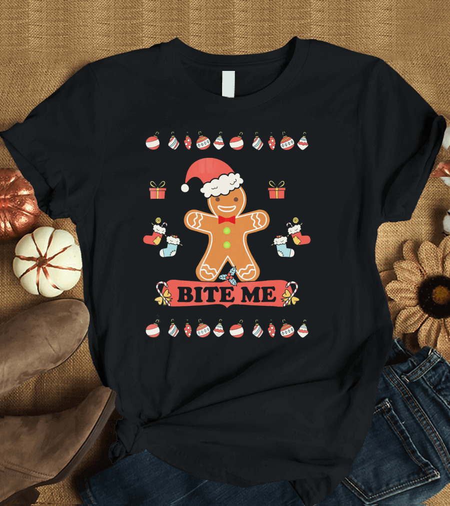 Ugly Christmas Bite Me Gingerbread Santa Hat Ornaments Stockings Gifts T-Shirt