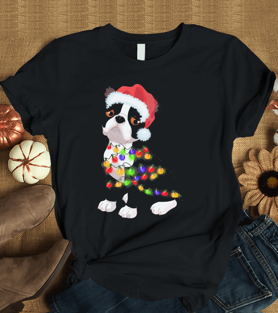 Boston Terrier Christmas Lights Santa Hat T-Shirt