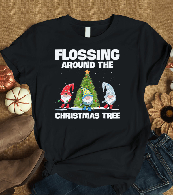 T-Shirt: Flossing Around The Christmas Tree Gnomes and Lights Under Starry Sky T-Shirt Flossing Around The Christmas Tree Gnomes and Lights Under Starry Sky T-Shirt