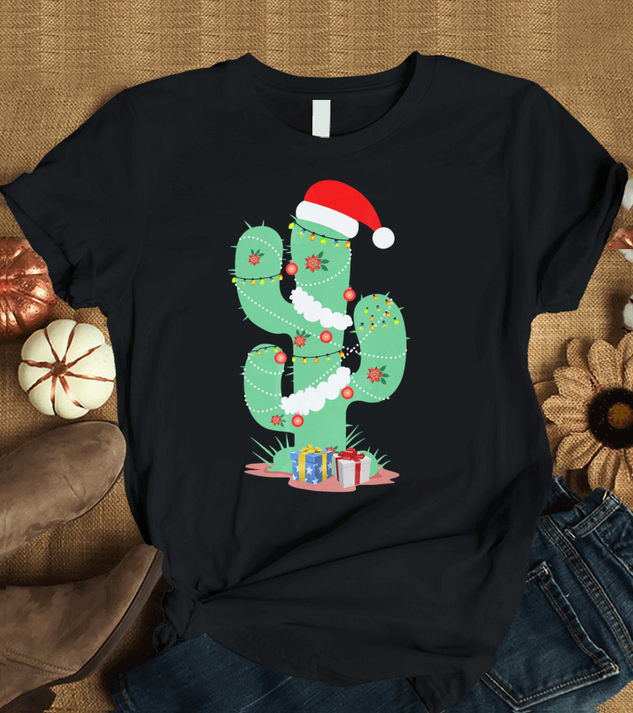 Funny Christmas Cactus with Santa Hat and Presents T-Shirt