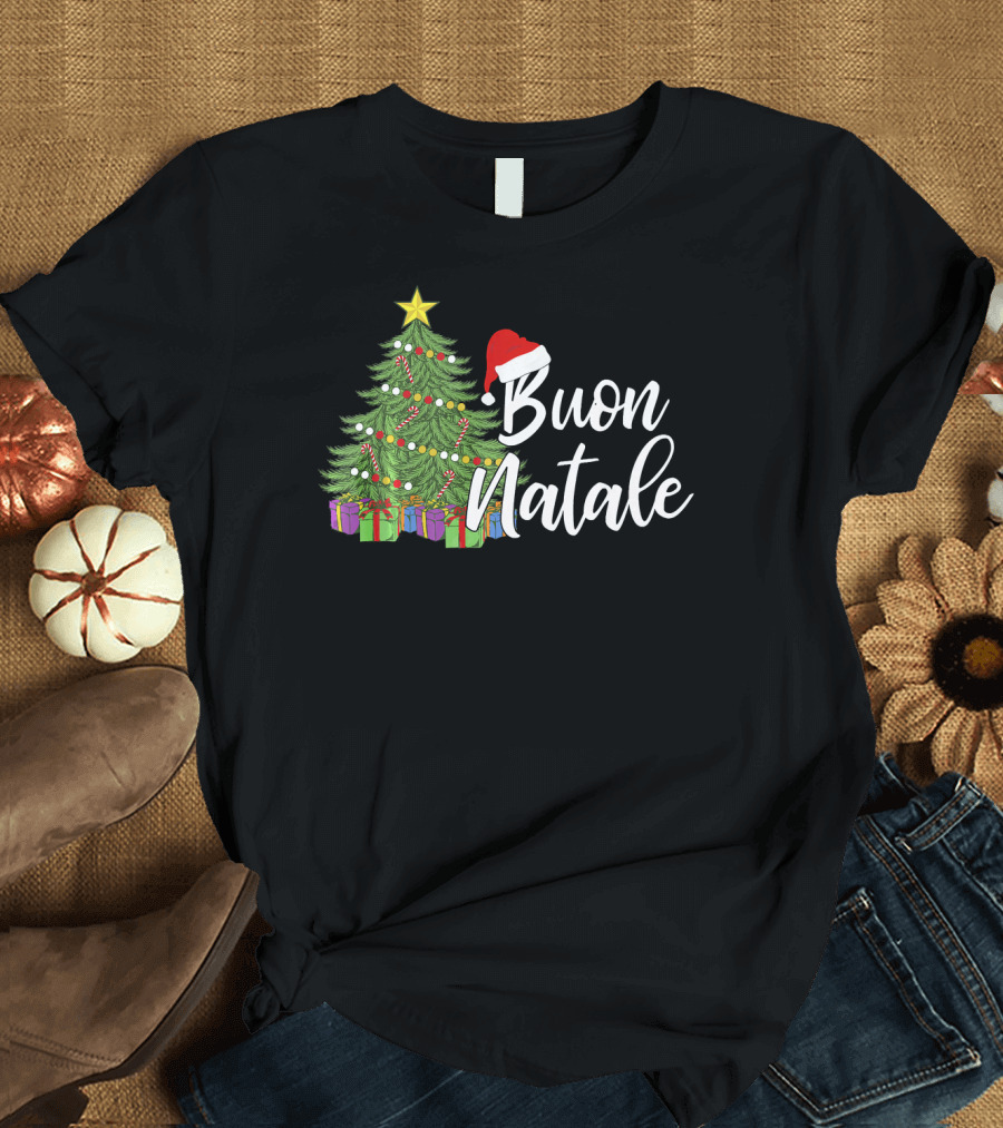 Buon Natale Italian Christmas Tree Santa Hat Tanti Auguri Regalo T-Shirt