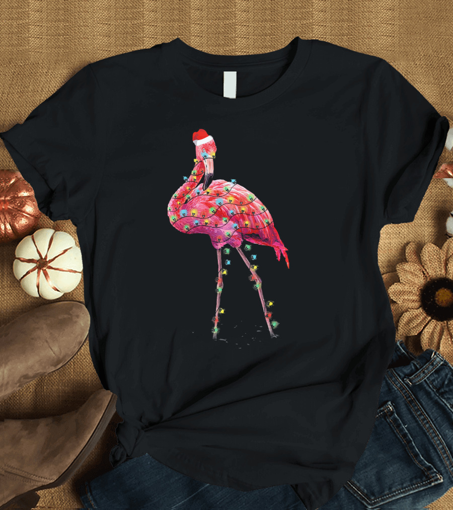 Cute Pink Flamingo Christmas Lights Santa Hat T-Shirt