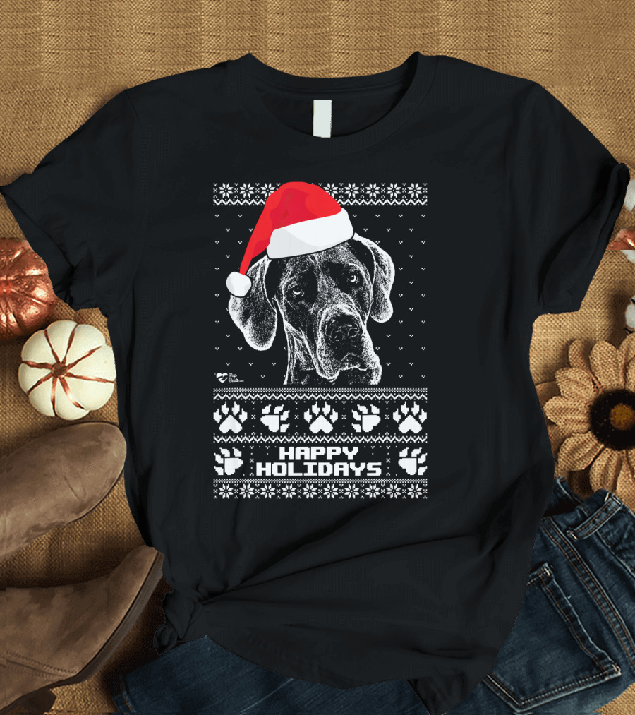 Great Dane Happy Holidays Santa Hat Paw Prints T-Shirt