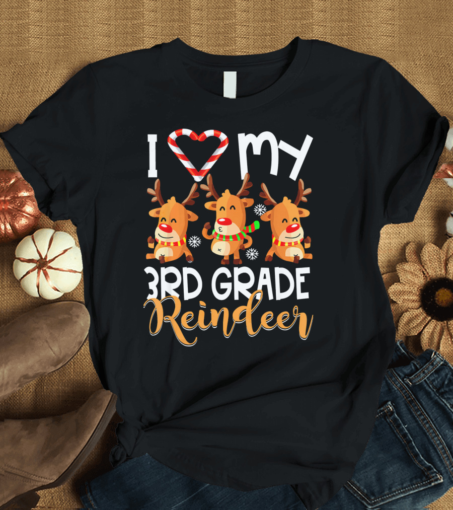 I Love My 3rd Grade Reindeer Christmas Design with Candy Cane Heart and Cute Reindeer Trio T-Shirt