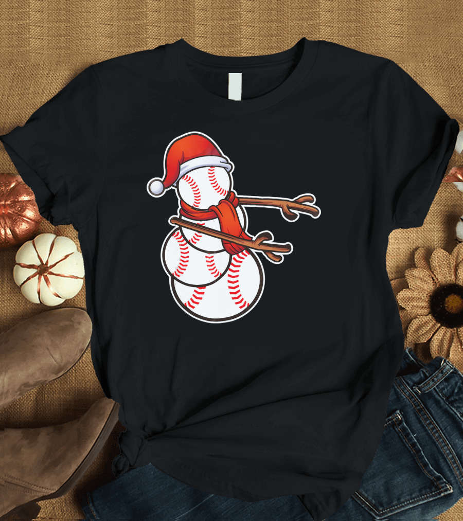 Santa Hat Snowman Made of Baseballs Flossing T-Shirt