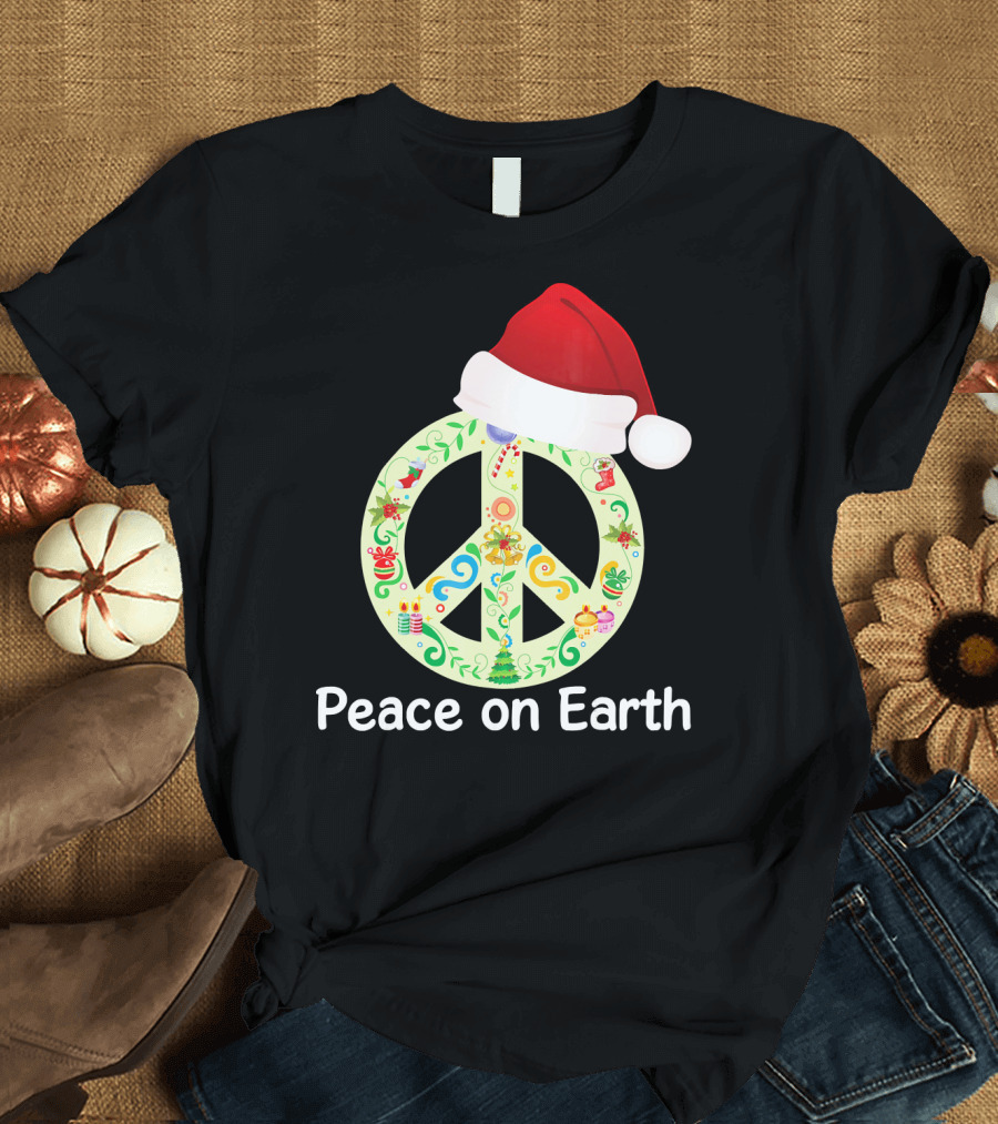 Peace On Earth Santa Hat Christmas Peace Sign T-Shirt