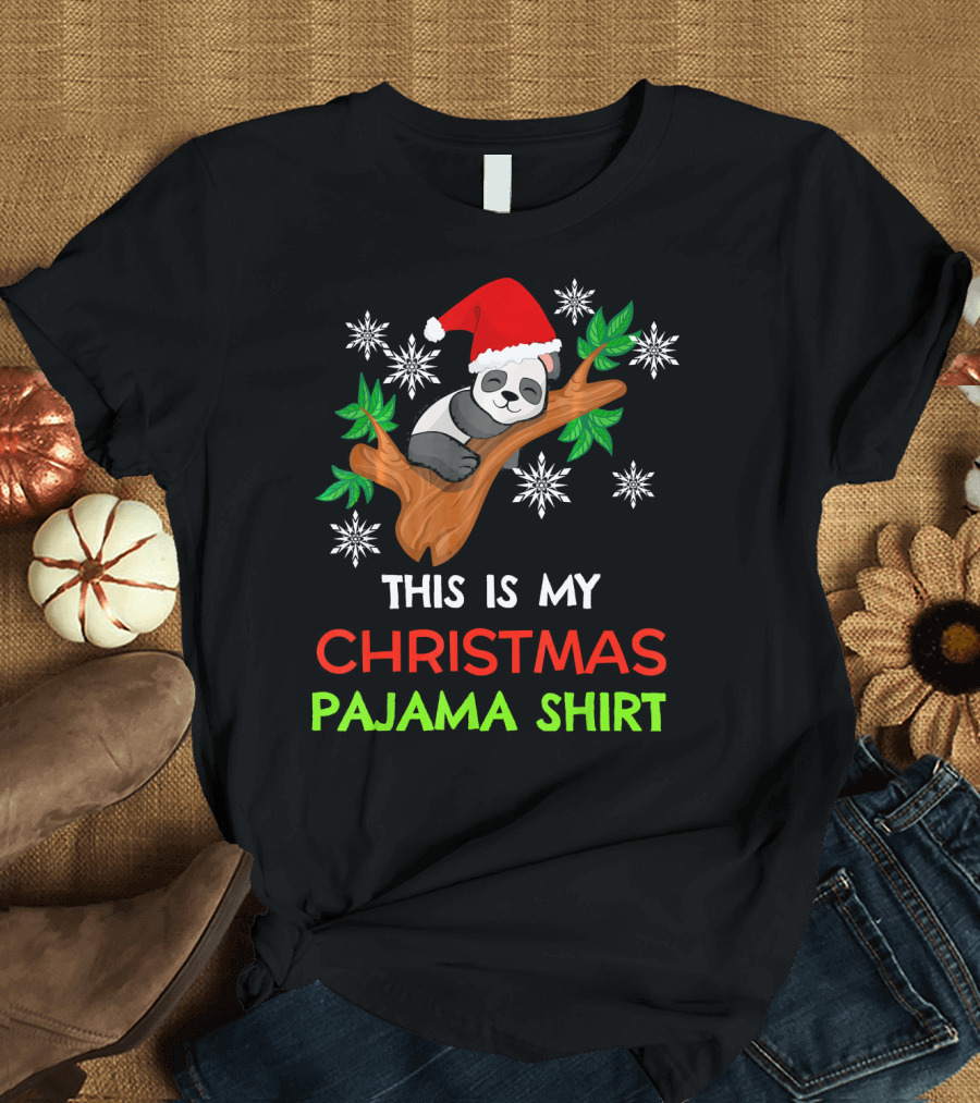 THIS IS MY CHRISTMAS PAJAMA SHIRT PANDA SANTA HAT SNOWFLAKES T-Shirt