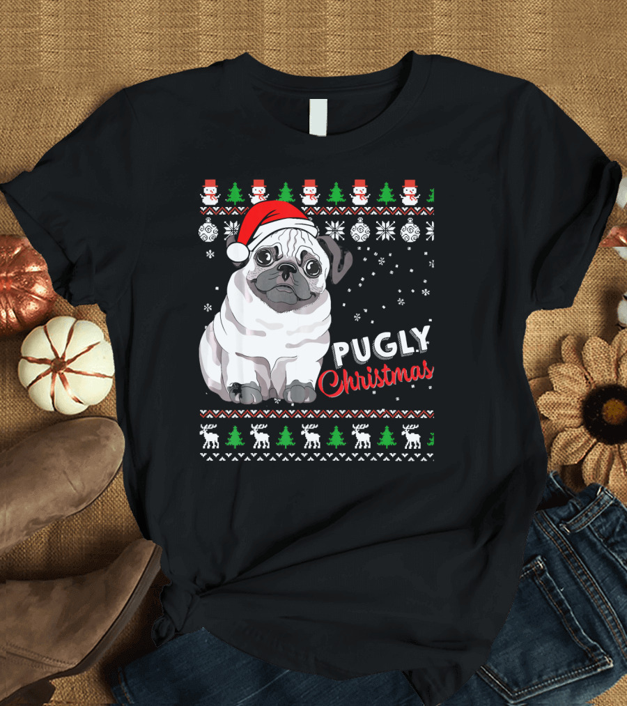 Pugly Christmas Santa Hat Snowflakes Ugly T-Shirt