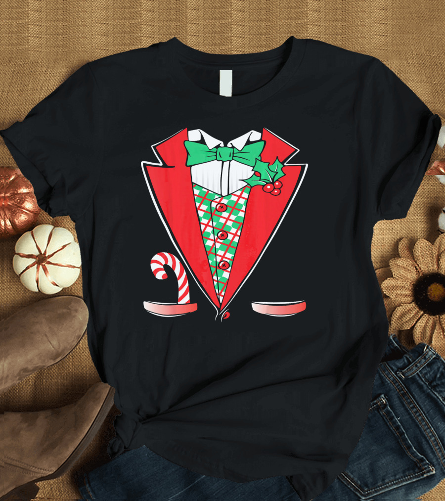 Christmas Tuxedo Candy Cane Bow Tie Holly Lapel T-Shirt