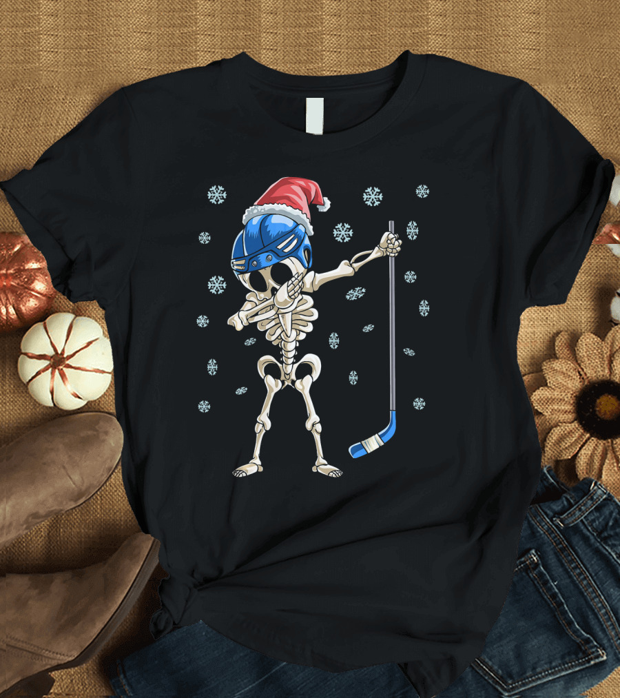 Santa Hat Dabbing Skeleton Ice Hockey with Snowflakes T-Shirt