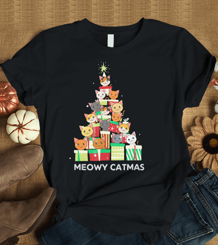 Meowy Catmas Funny Cat Christmas Tree Box T-Shirt