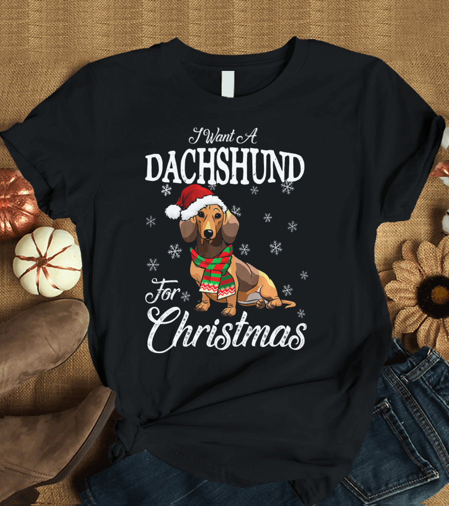 I Want A Dachshund Wearing Santa Hat and Scarf For Christmas Snowflakes T-Shirt