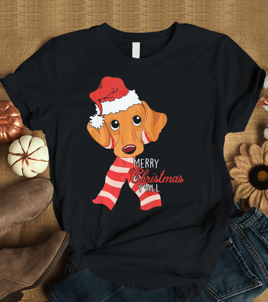 Merry Christmas Y'all Dachshund Dog Wearing Santa Hat and Striped Scarf T-Shirt