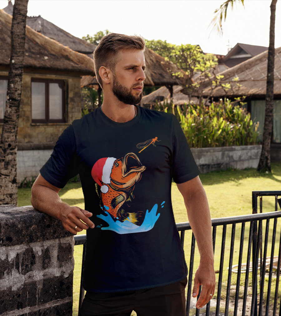 Bass Fishing Santa Hat Splashing Christmas Fish T-Shirt