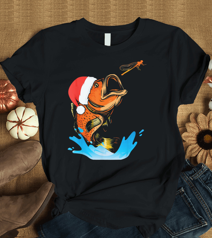 Bass Fishing Santa Hat Splashing Christmas Fish T-Shirt