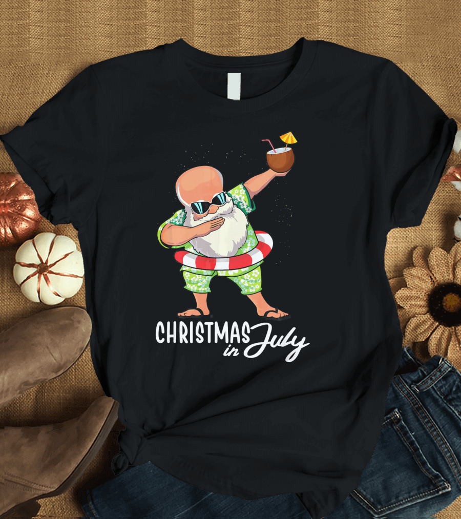 Dabbing Santa Christmas in July Coconut Drink Sunglasses Summer Fun T-Shirt
