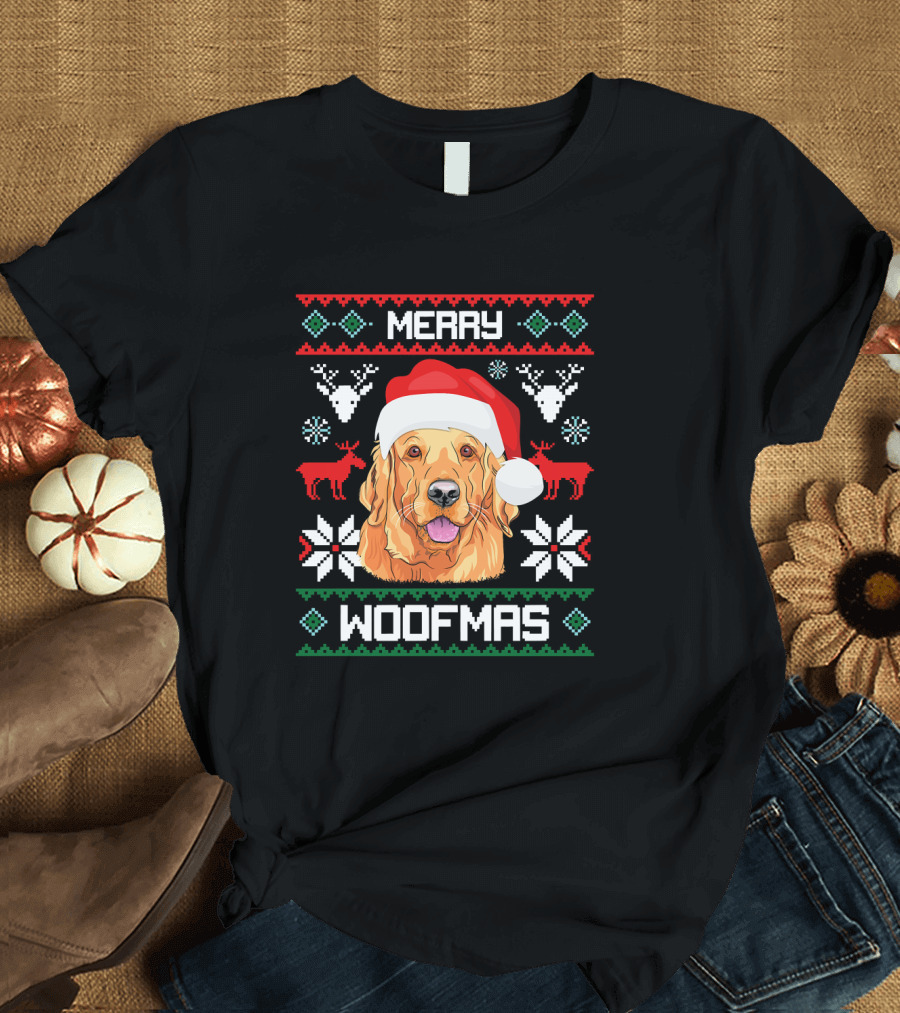 Golden Retriever Merry Woofmas Santa Hat Christmas Reindeer T-Shirt