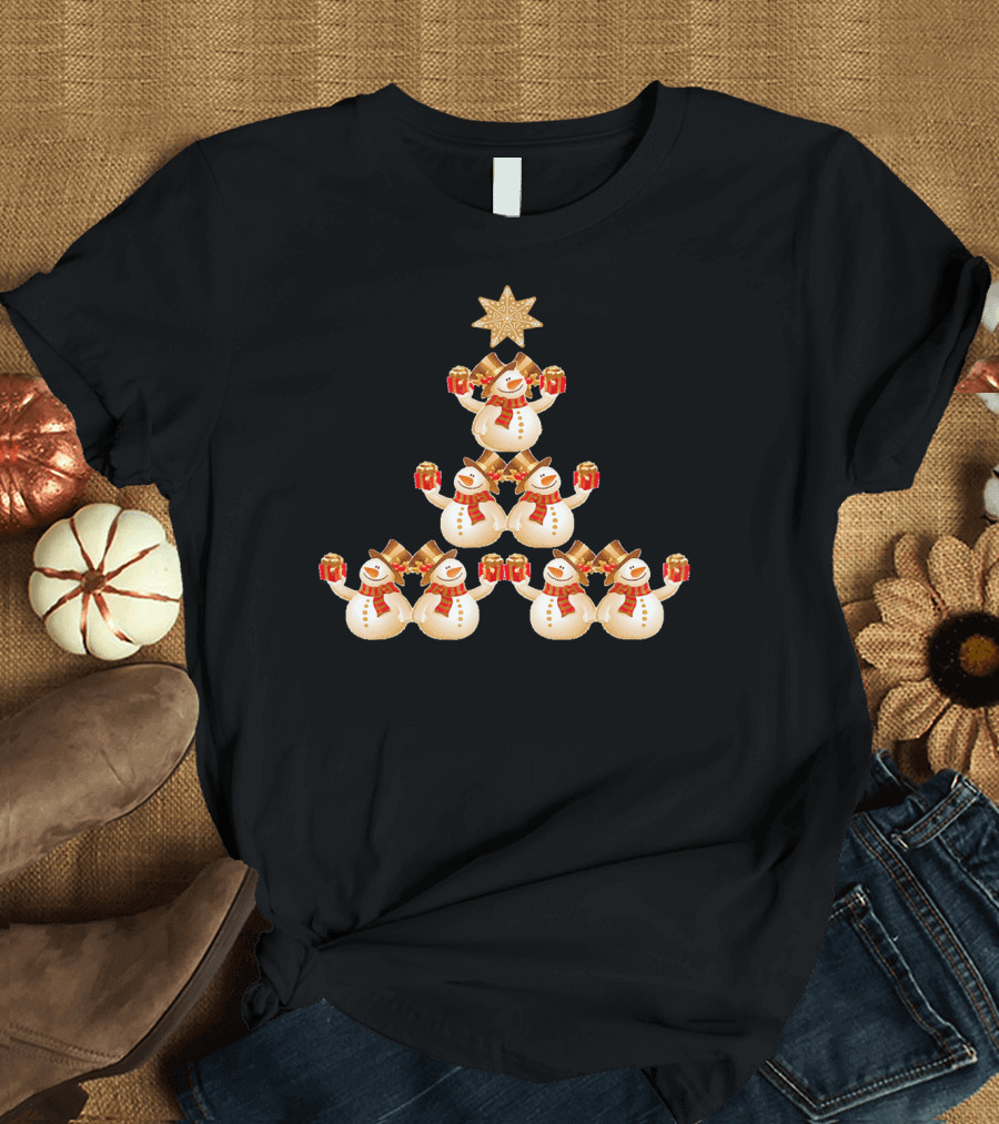 Snowman Pyramid Christmas Tree with Star and Red Gift Boxes T-Shirt