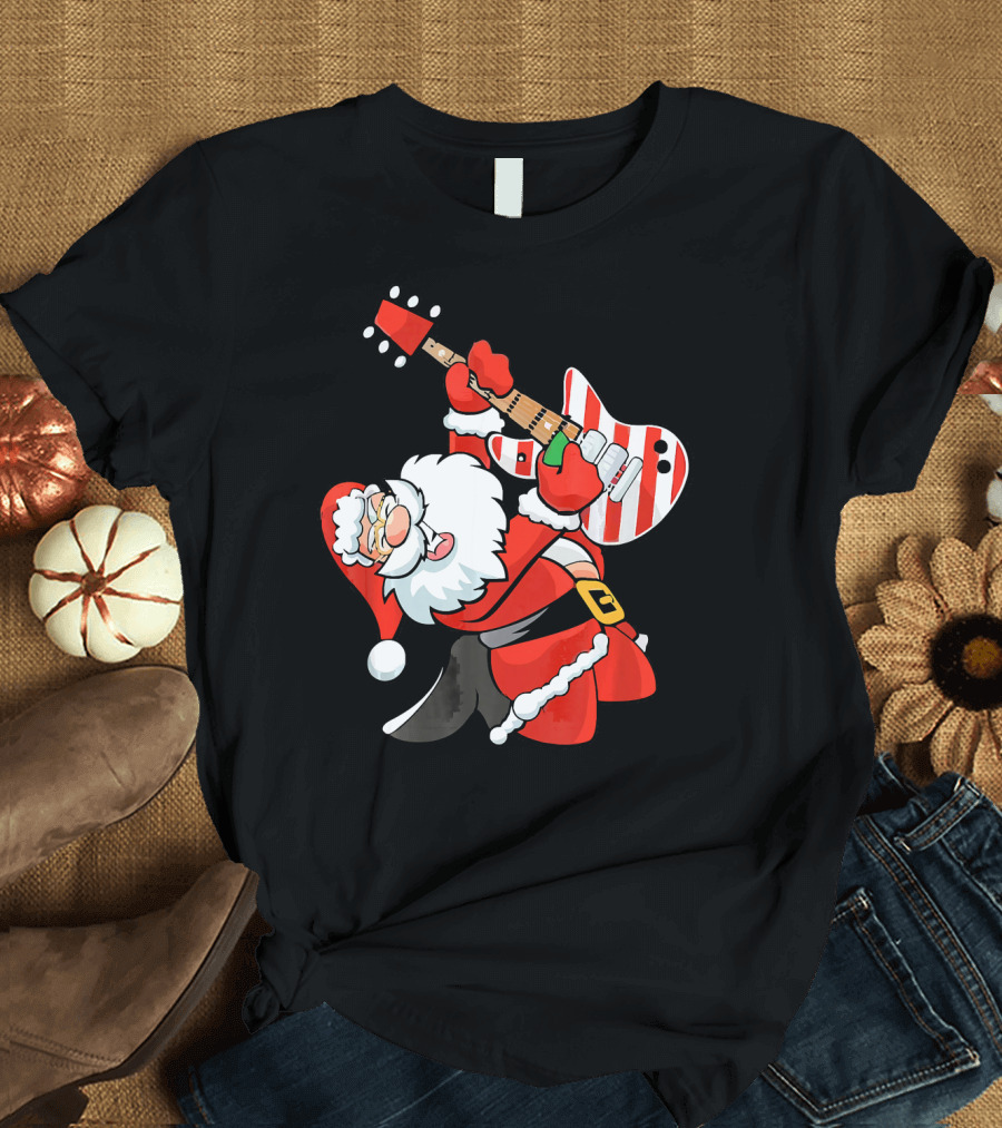 Santa Guitar Player Christmas Music Vintage Rock Holiday T-Shirt