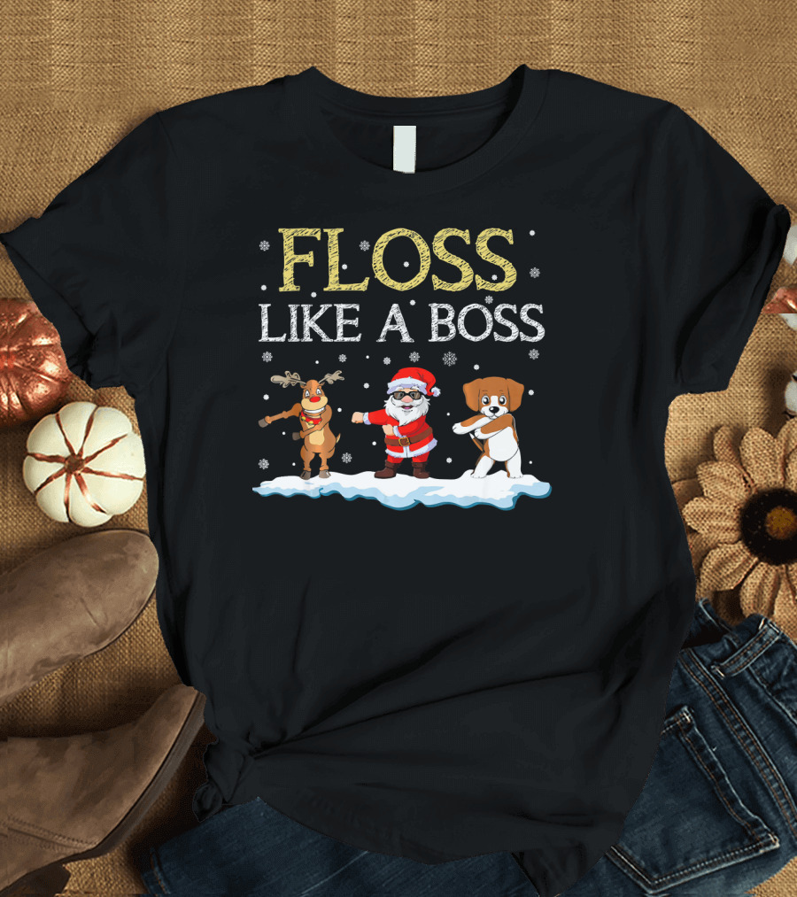 Floss Like A Boss Dancing Santa Beagle Reindeer Christmas T-Shirt