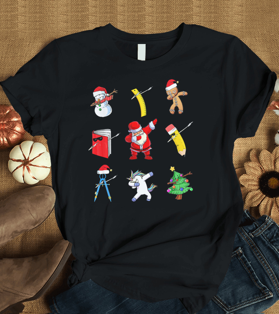 Funny Teacher Christmas Santa Dabbing Snowman Ruler Gingerbread Pencil Book Unicorn Tree T-Shirt