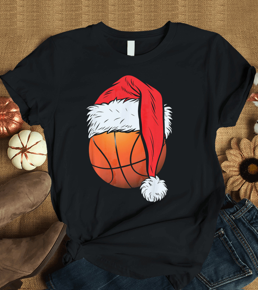 Christmas Santa Hat on Basketball Ball T-Shirt