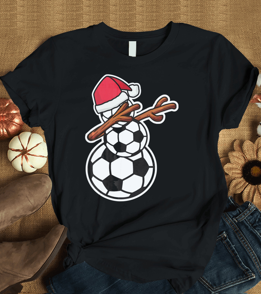 Dabbing Soccer Snowman with Santa Hat T-Shirt