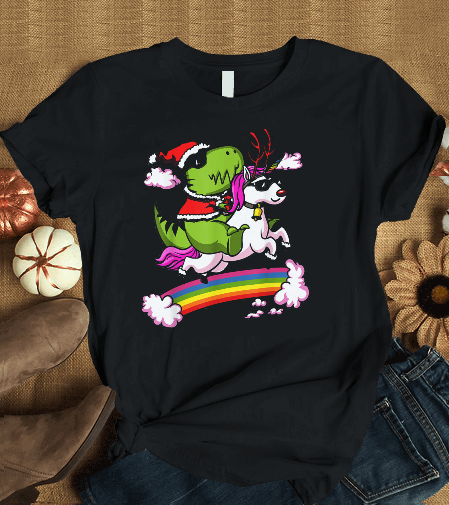 T Rex Dinosaur Santa Riding Unicorn Rainbow Cloud Adventure T-Shirt