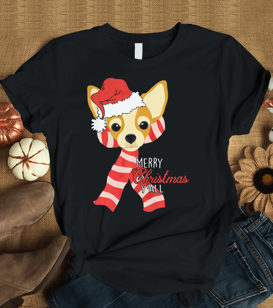 Merry Christmas Y'all Chihuahua Dog with Santa Hat and Scarf T-Shirt