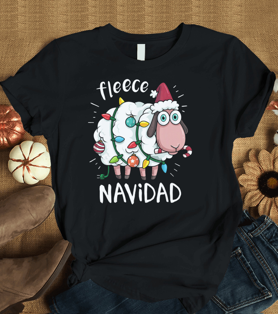 Fleece Navidad Funny Cute Sheep with Christmas Lights and Santa Hat T-Shirt