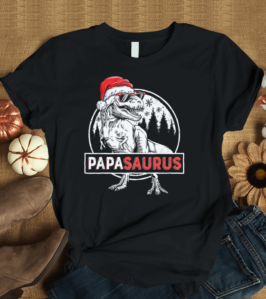Papasaurus Dinosaur Santa Hat Christmas Snowflake Forest T-Shirt