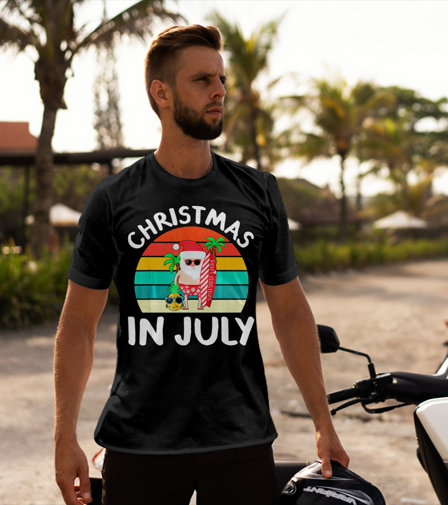 Christmas In July Vintage Santa Tropical Surfboard Merry Christmas T-Shirt