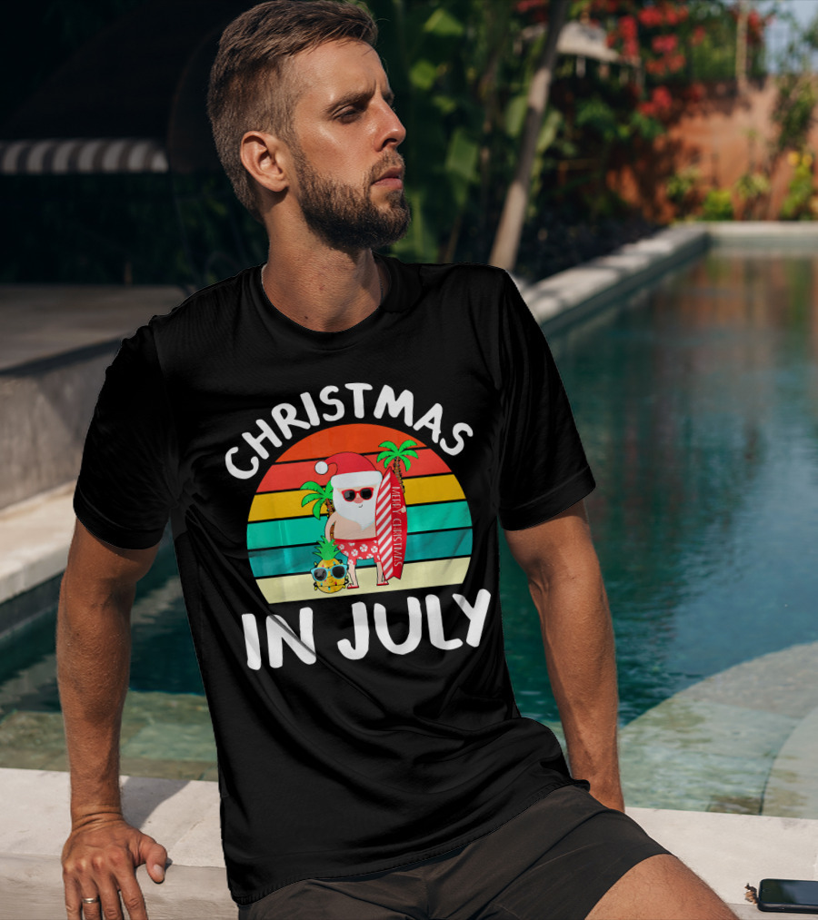 Christmas In July Vintage Santa Tropical Surfboard Merry Christmas T-Shirt